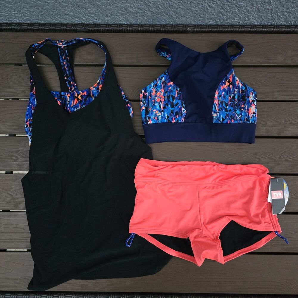 TYR Machu Pichau Amira Top W/ Coral Boyshorts & Madison Tank Sz S New Sample